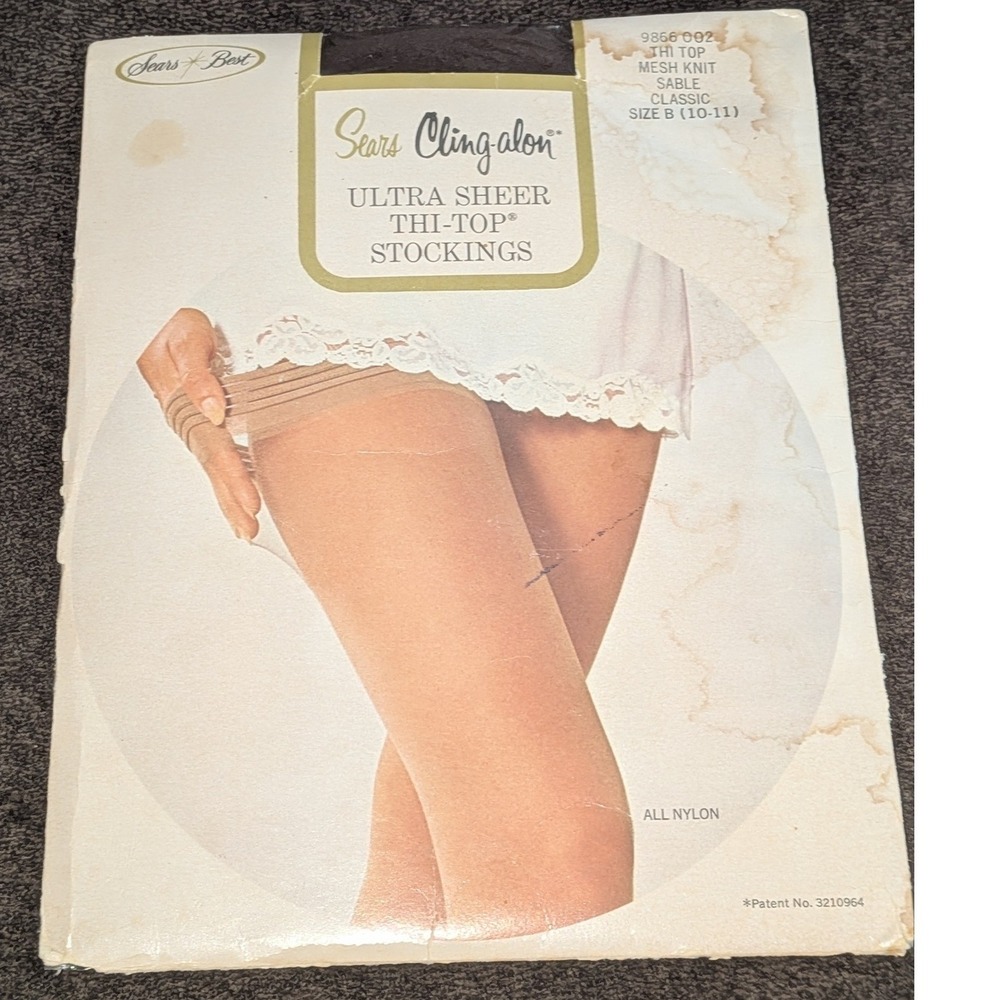 Vintage Sears Cling-alon Ultra Sheer‎ Thi-Top Stockings Sable Brown Mesh Size B